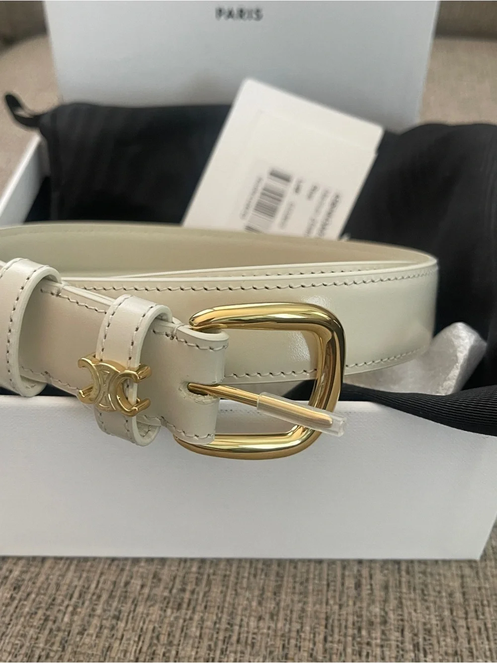 Celine Vivienne White Leather Belt with Gold Buckle and Triomphe Accent size 85